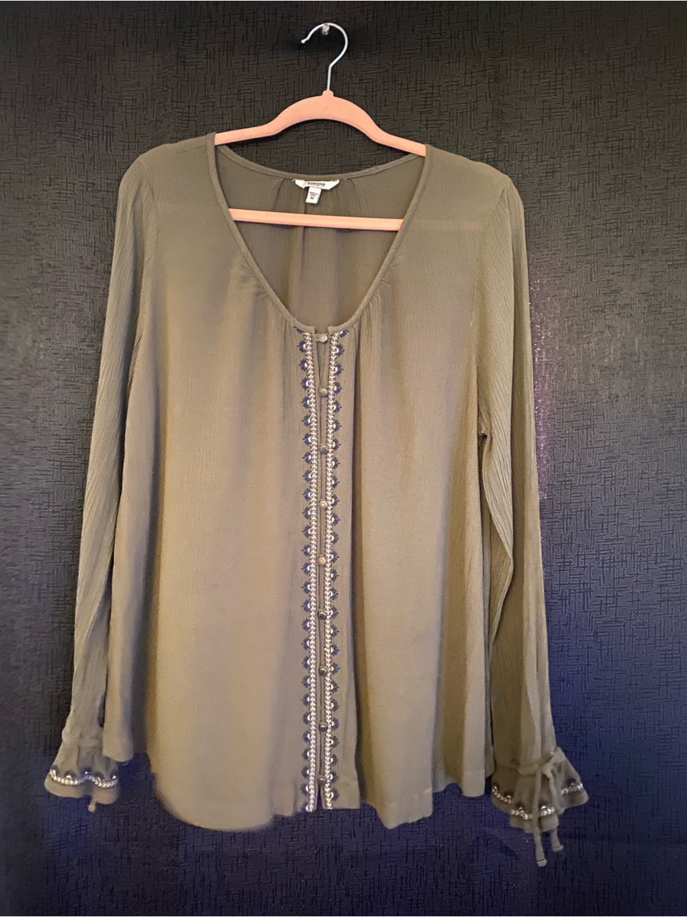 Sonoma - Olive Green Embroidered Long-Sleeve Tunic size medium